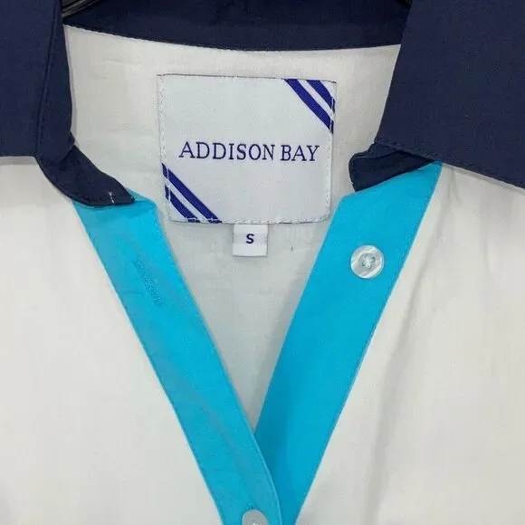 ADDISON BAY ISLE DRESS 100% Poplin Cotton White Blue Pipping Drop Waist Midi Sma - Picture 8 of 11